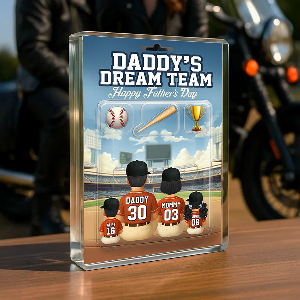 Daddy's Dream Team, Custom Figure Baseball Family, Personalized Acrylic Block Plaque, Gift For Dad T1807 Nh00