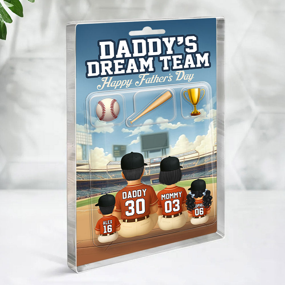 Daddy's Dream Team, Custom Figure Baseball Family, Personalized Acrylic Block Plaque, Gift For Dad T1807 Nh00