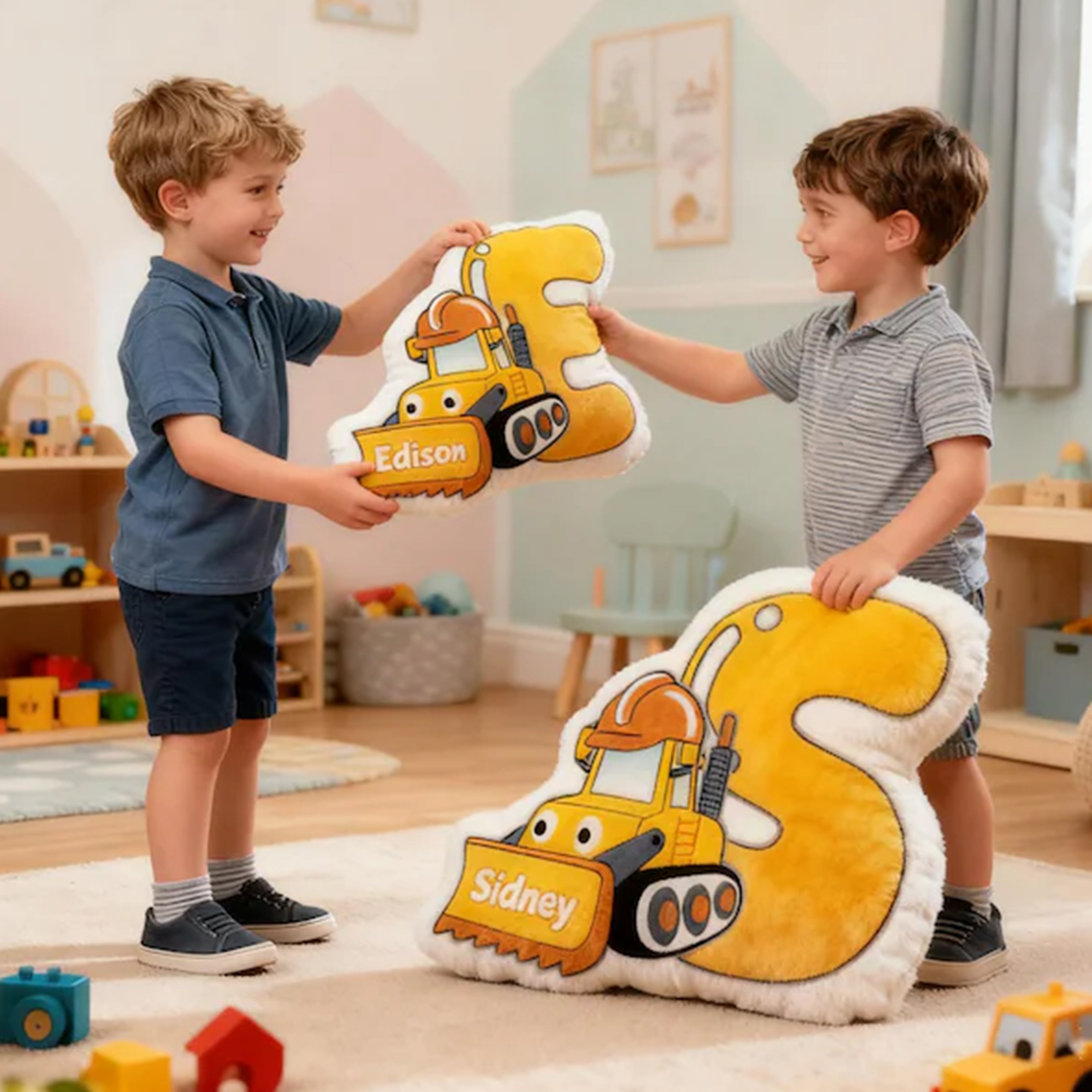 Personalized Boy Letter Pillow, Initial Pillow with name, Alphabet Excavator Letter Boy, Names Pillow, Christmas Gifts, Birthday Gift for Kids Li29