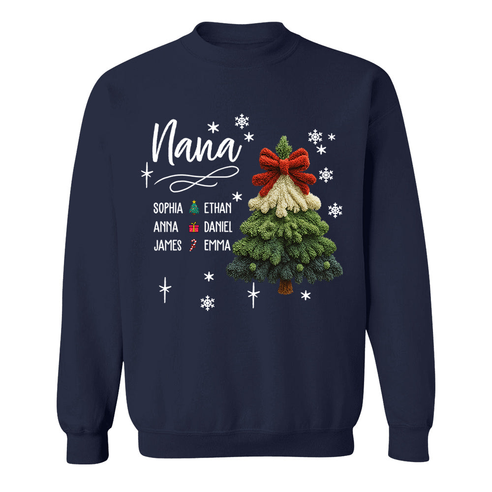 Nana Christmas Sweatshirt with Grandkids’ Names, Cute Tree Holiday Gift