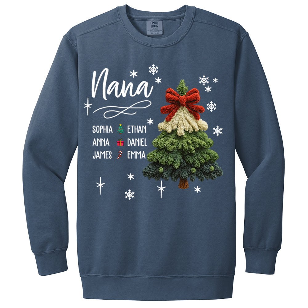 Nana Christmas Sweatshirt with Grandkids’ Names, Cute Tree Holiday Gift