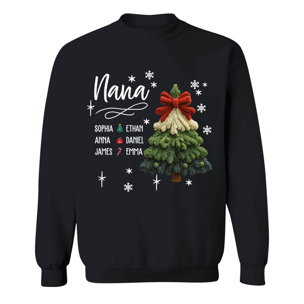 Nana Christmas Sweatshirt with Grandkids’ Names, Cute Tree Holiday Gift