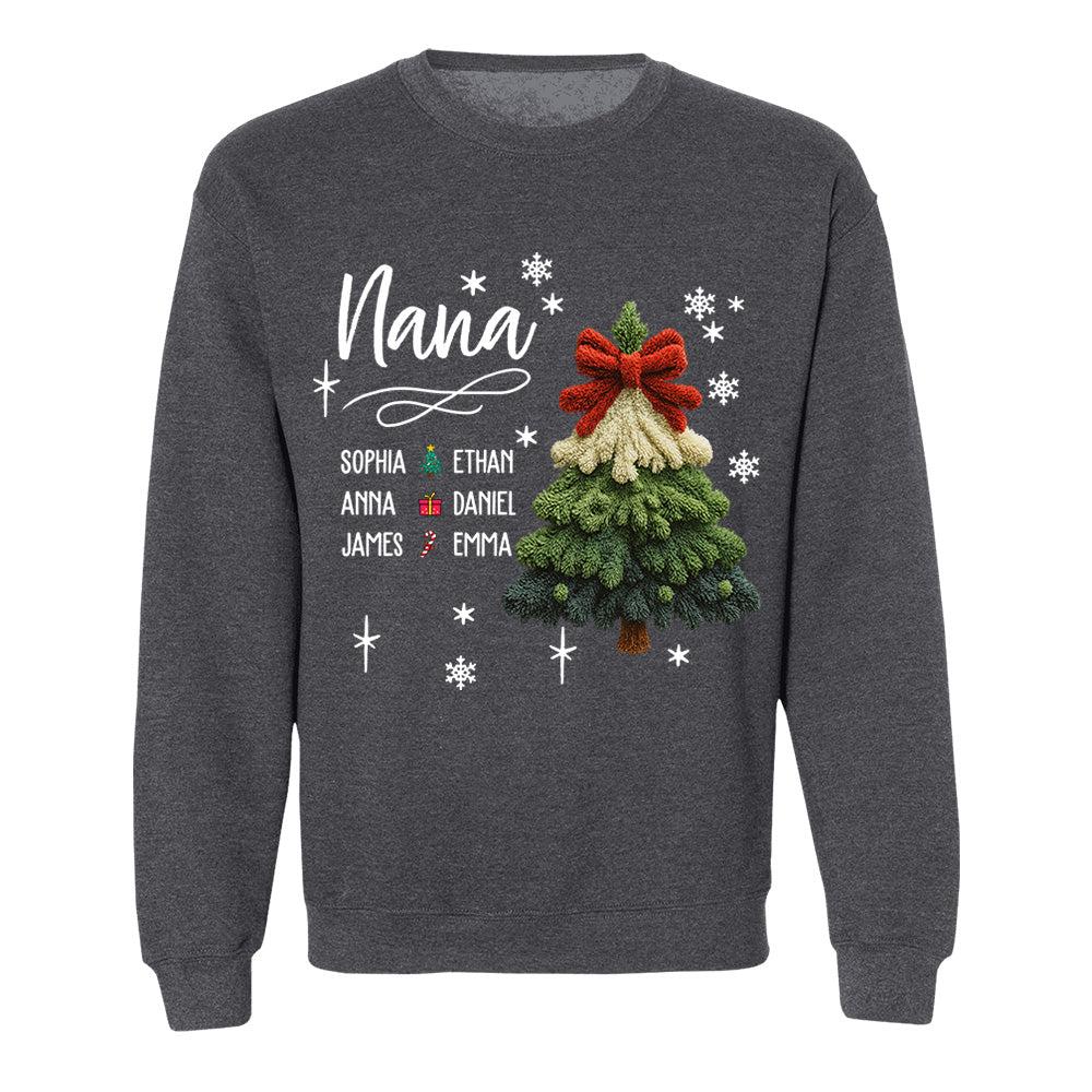 Nana Christmas Sweatshirt with Grandkids’ Names, Cute Tree Holiday Gift