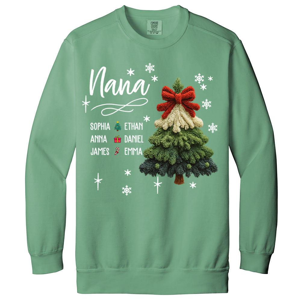 Nana Christmas Sweatshirt with Grandkids’ Names, Cute Tree Holiday Gift