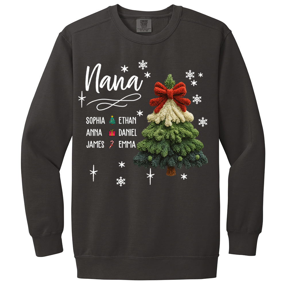 Nana Christmas Sweatshirt with Grandkids’ Names, Cute Tree Holiday Gift