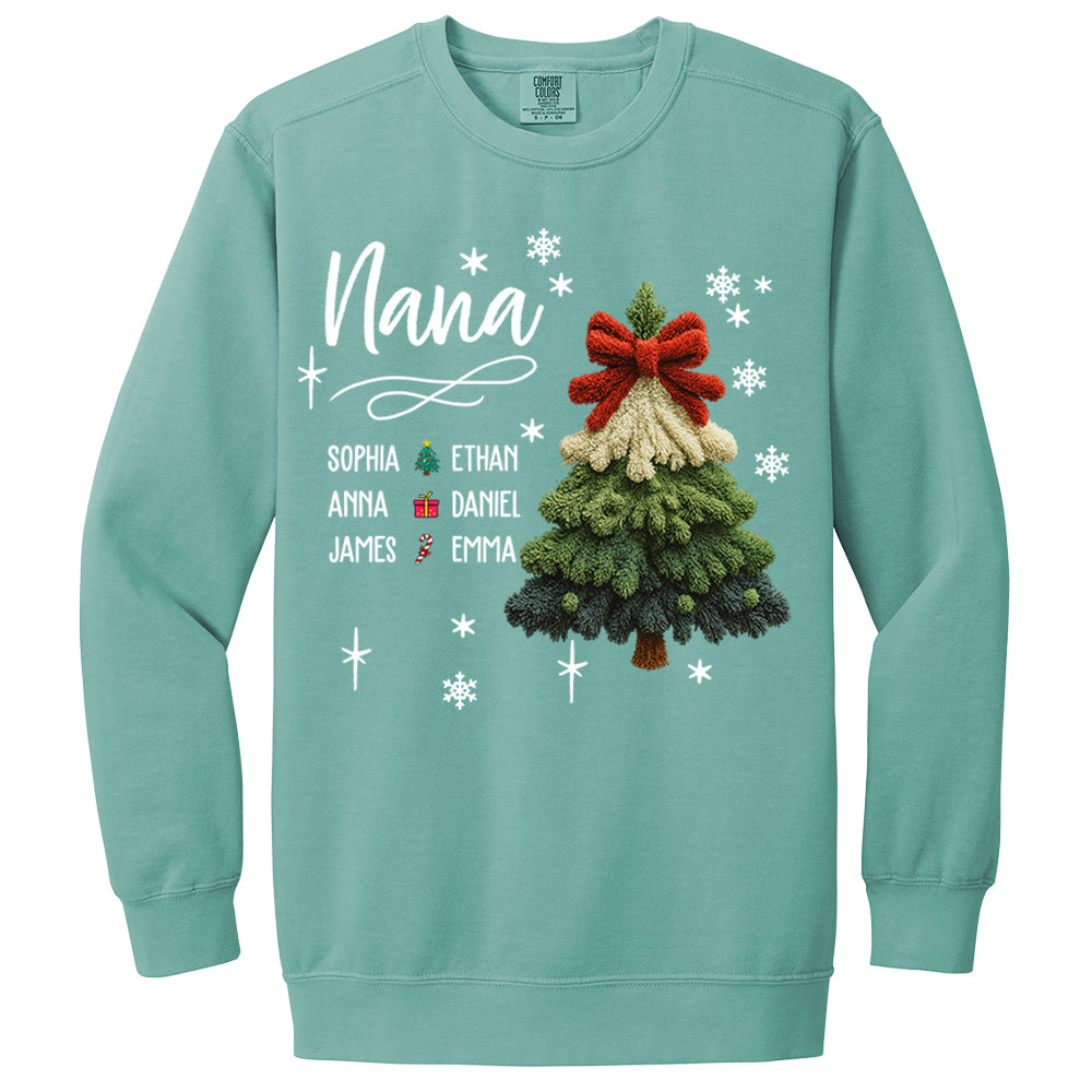 Nana Christmas Sweatshirt with Grandkids’ Names, Cute Tree Holiday Gift