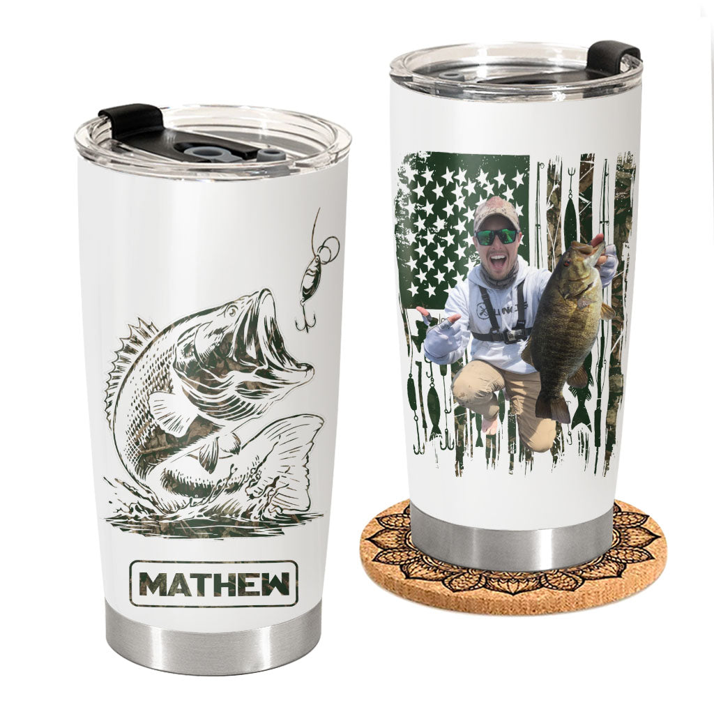 Fishing Gifts for Men Him Personalized Upload Photo Tumbler for Bass Fisherman, Largemouth Bass Tumbler for Him, Dad, Fathers Day Gifts, Lake Fishing Dad Pt99