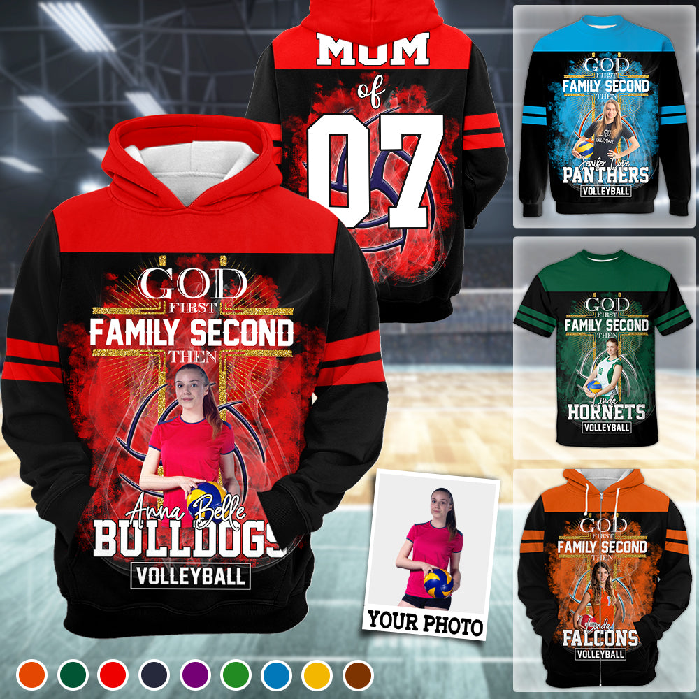 God First Family Second Then Volleyball Personalized Photo All Over Print Shirt For Volleyball Lovers