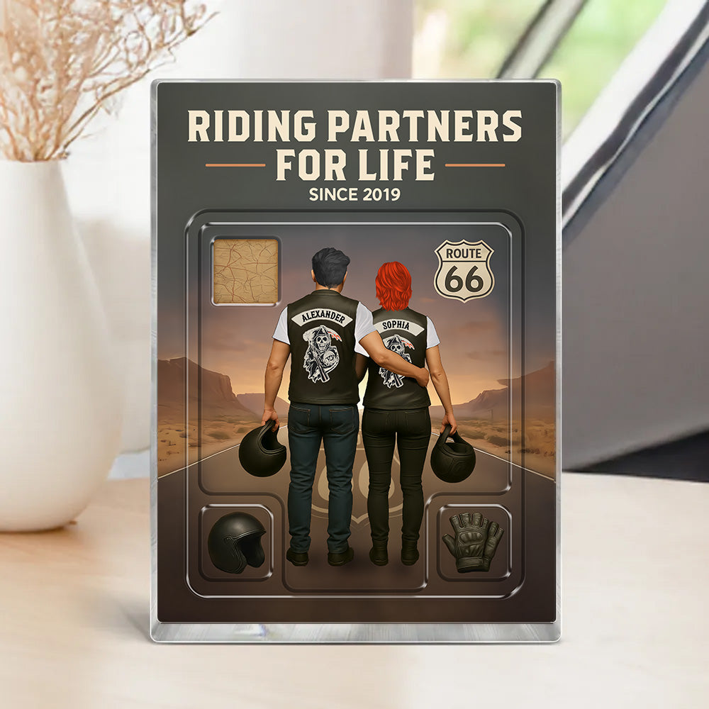 3D Effect Custom Figure Couple Bikers Riding Partners For Life Personalized Flat Acrylic Block, Birthday Gift, Wedding Gift, Anniversary Gift For Bikers Pt99