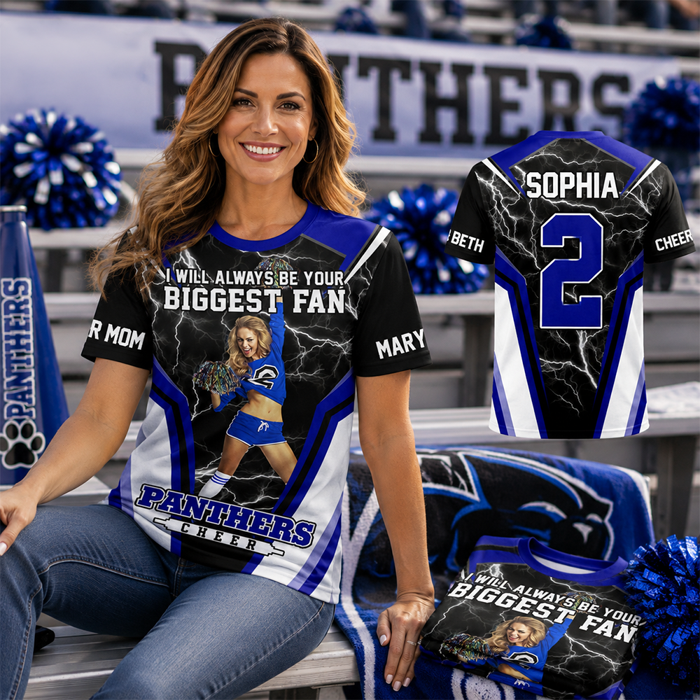 Personalized Cheer Mom Shirt, I’ll Always Be Your Biggest Fan, Custom Player Name & Number All Over Print Game Day Shirt for Mom Grandma Family Hv01