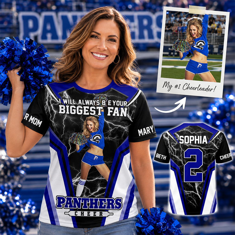 Personalized Cheer Mom Shirt, I’ll Always Be Your Biggest Fan, Custom Player Name & Number All Over Print Game Day Shirt for Mom Grandma Family Hv01