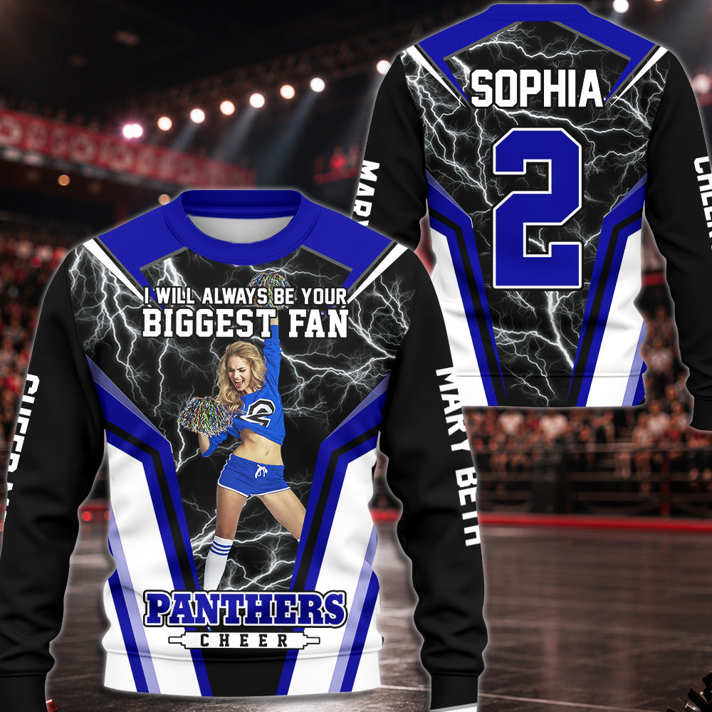 Personalized Cheer Mom Shirt, I’ll Always Be Your Biggest Fan, Custom Player Name & Number All Over Print Game Day Shirt for Mom Grandma Family Hv01