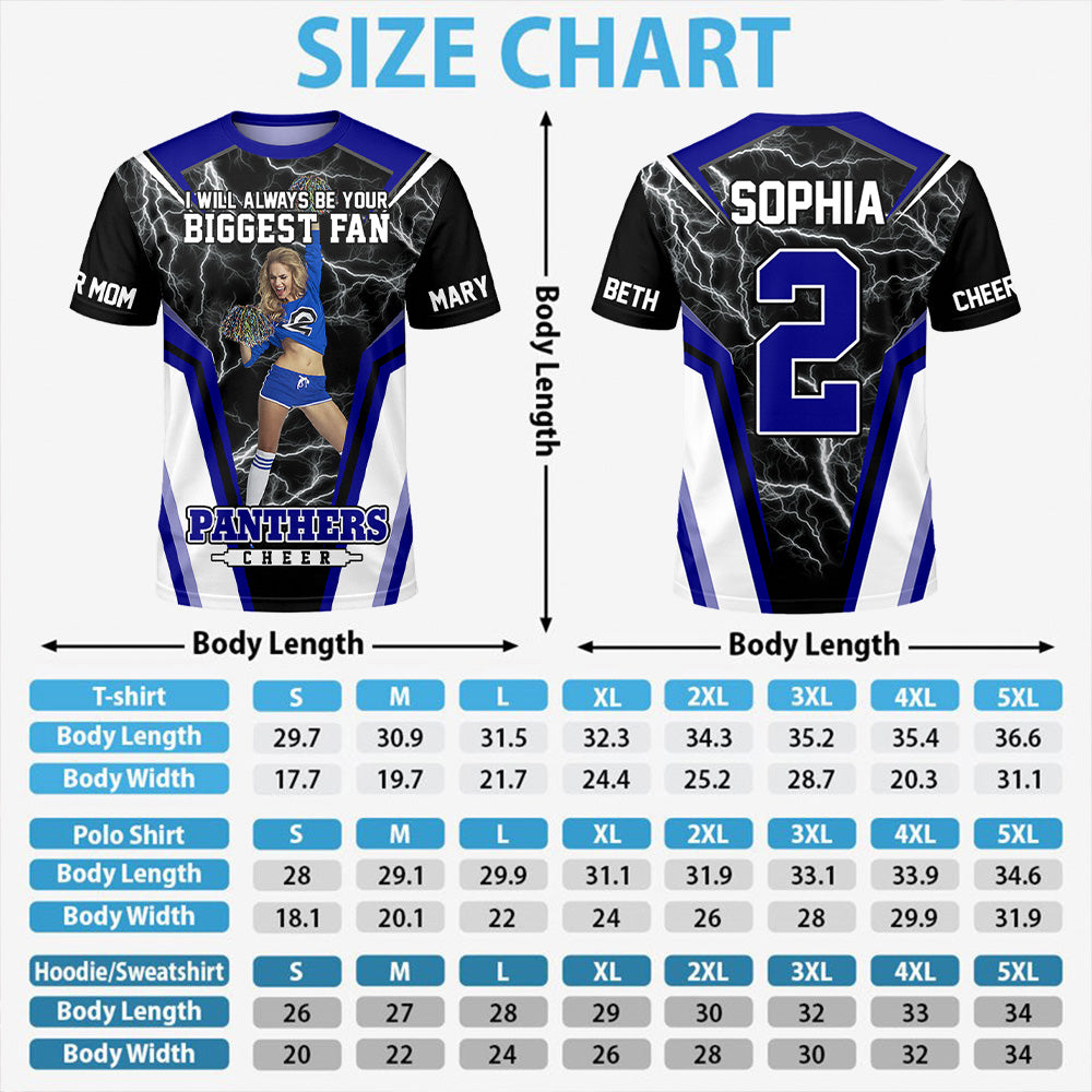Personalized Cheer Mom Shirt, I’ll Always Be Your Biggest Fan, Custom Player Name & Number All Over Print Game Day Shirt for Mom Grandma Family Hv01