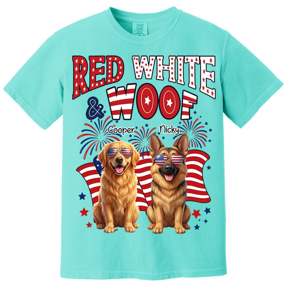 Red White Woof Personalized Shirt Patriotic American Flag Fireworks For Independence Day USA Custom Photo Dog Gift For Pet Lovers T1807 Nh00