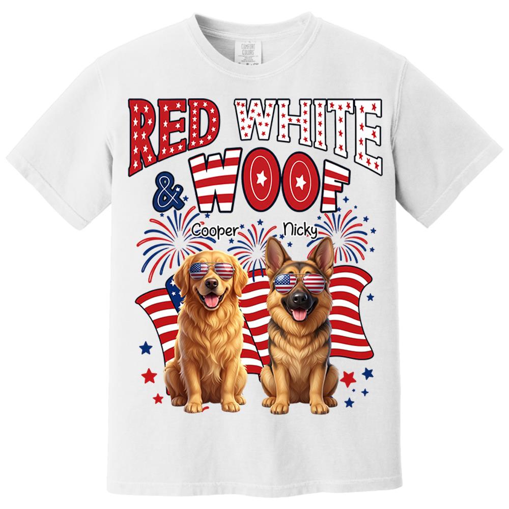 Red White Woof Personalized Shirt Patriotic American Flag Fireworks For Independence Day USA Custom Photo Dog Gift For Pet Lovers T1807 Nh00