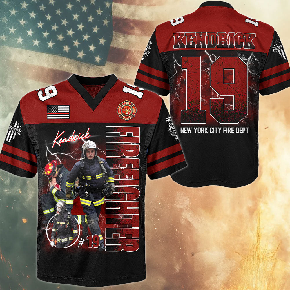 Personalized Photo Firefighter Football Jersey Shirt, Custom Dept Name Number Gift For Firefighters T1807 Pt99