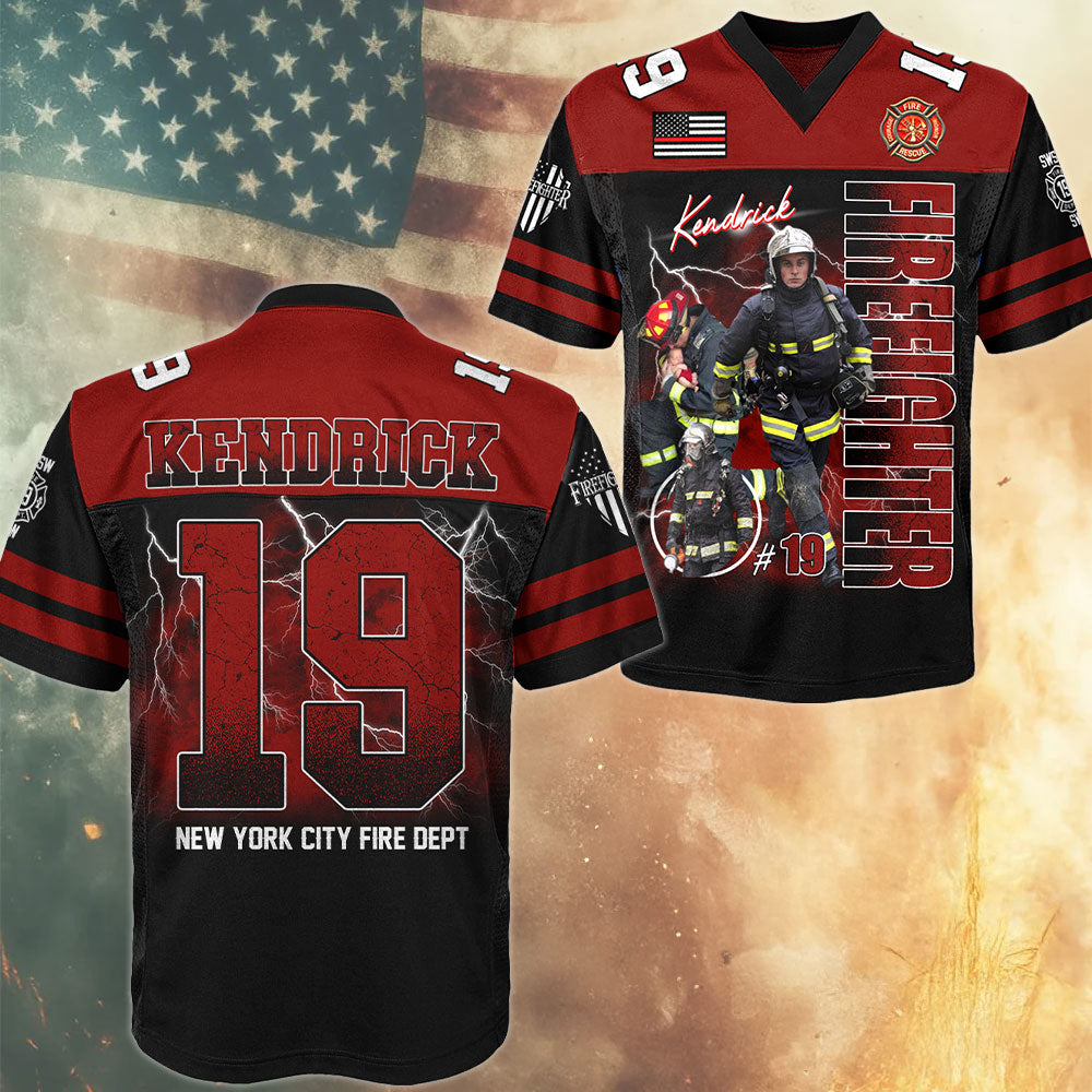 Personalized Photo Firefighter Football Jersey Shirt, Custom Dept Name Number Gift For Firefighters T1807 Pt99
