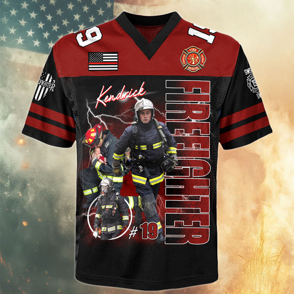 Personalized Photo Firefighter Football Jersey Shirt, Custom Dept Name Number Gift For Firefighters T1807 Pt99