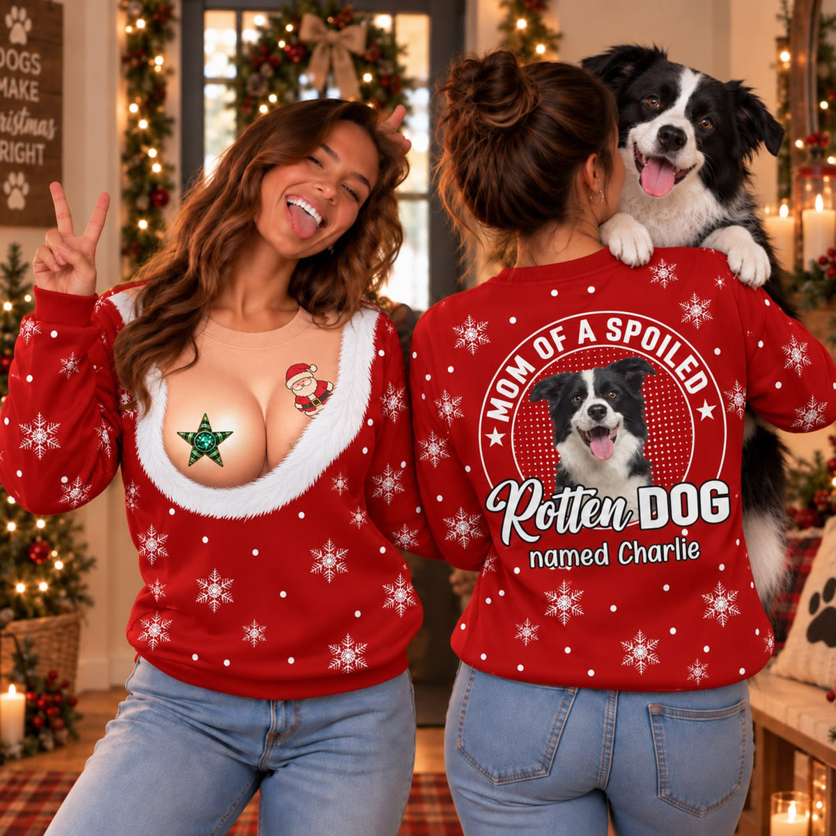 Personalized Funny Christmas All Over Print Shirts, Mom Of A Spoiled Rotten Dog, Custom Photo Dog Gift For Dog Lovers T1807 VH01