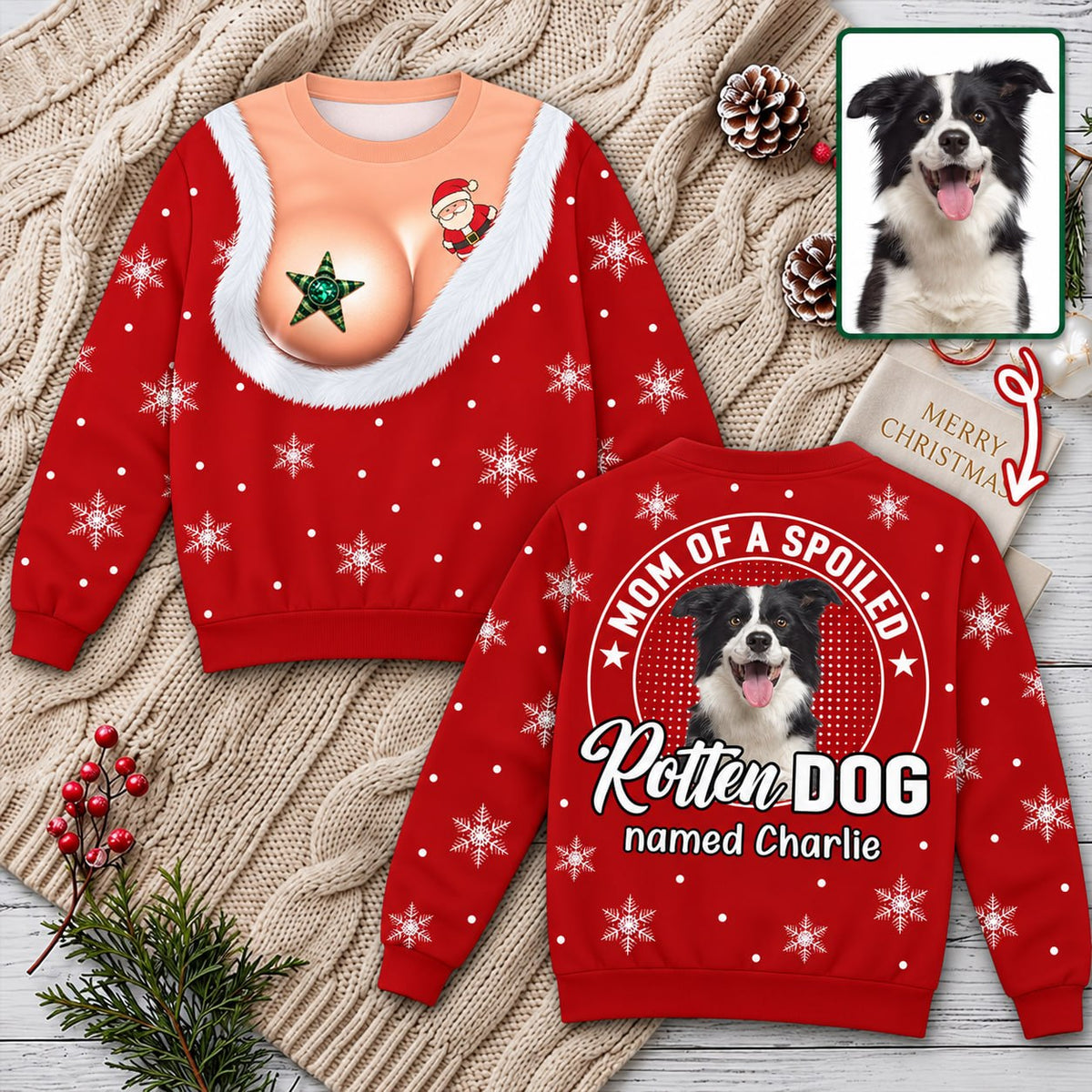 Personalized Funny Christmas All Over Print Shirts, Mom Of A Spoiled Rotten Dog, Custom Photo Dog Gift For Dog Lovers T1807 VH01