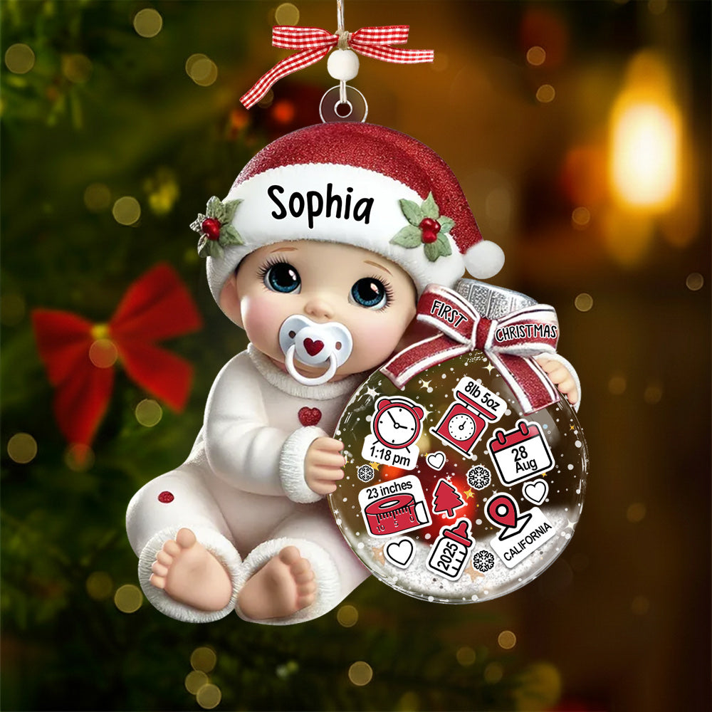 Baby Beside Christmas Bauble 3D Effect Baby's First Christmas Personalized Acrylic Flat Ornament NA02