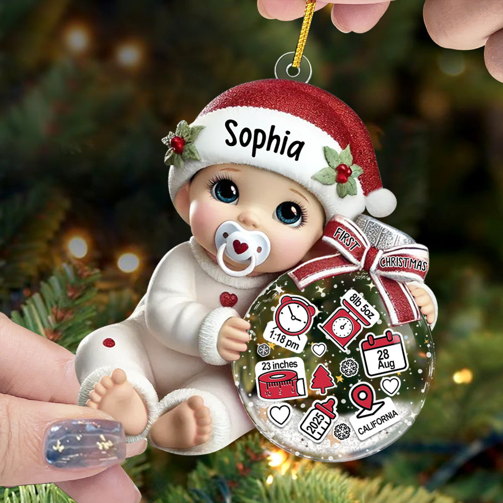 Baby Beside Christmas Bauble 3D Effect Baby's First Christmas Personalized Acrylic Flat Ornament NA02