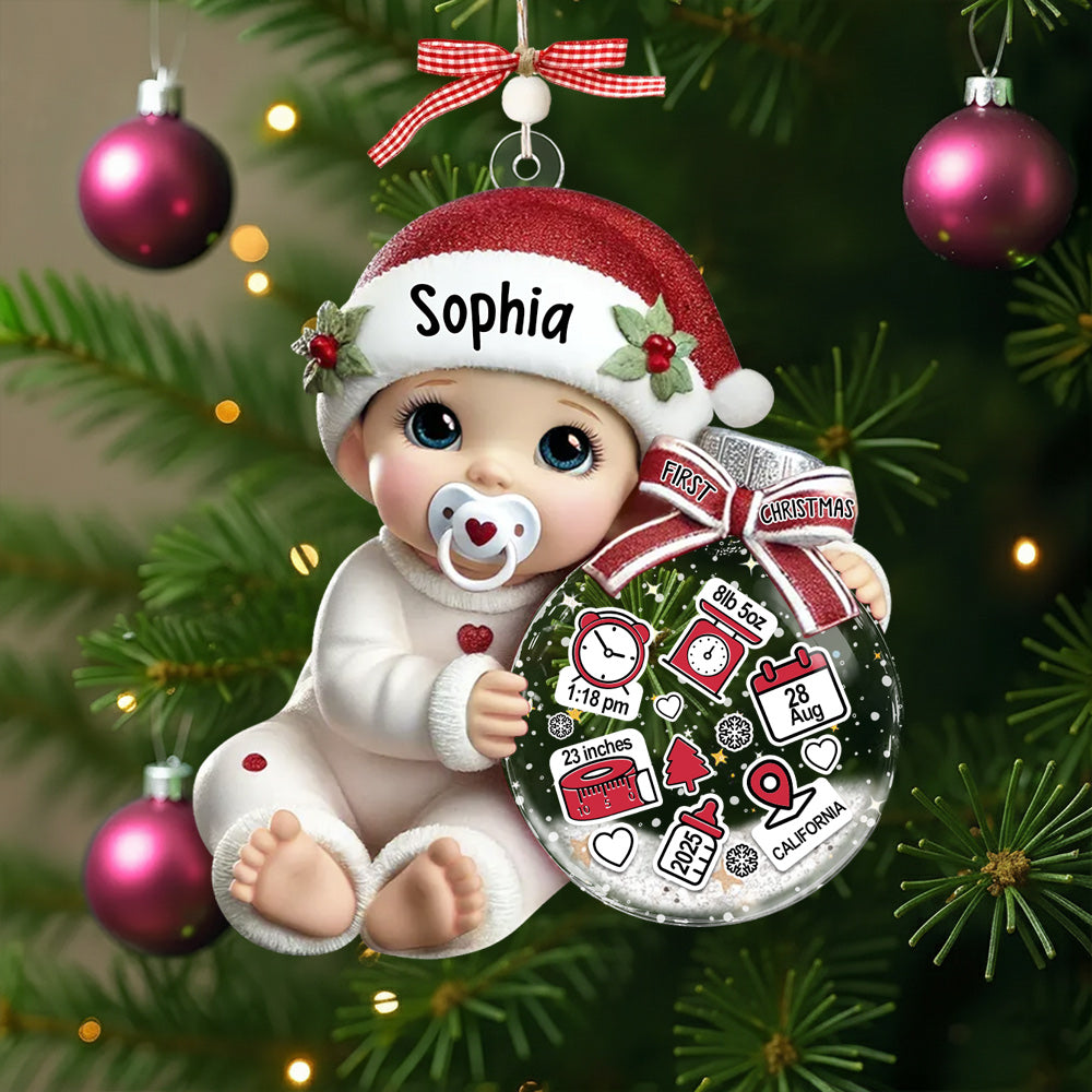 Baby Beside Christmas Bauble 3D Effect Baby's First Christmas Personalized Acrylic Flat Ornament NA02