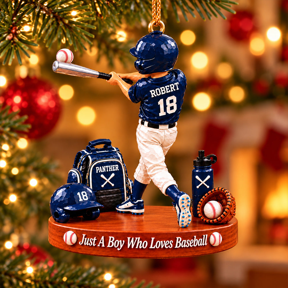 Just A Boy Who Loves Baseball, Personalized Baseball Ornament, Custom Boy Baseball Gift, Custom Player Name Ornament Na02 T24 NT01