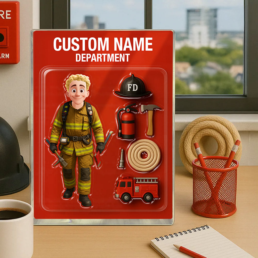 3D Effect Firefighter Custom Figure Personalized Flat Rectangle Acrylic Block, Unique Gift For Firefighters, Dad, Husband Pt99
