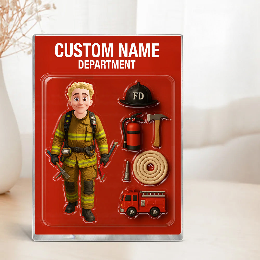 3D Effect Firefighter Custom Figure Personalized Flat Rectangle Acrylic Block, Unique Gift For Firefighters, Dad, Husband Pt99