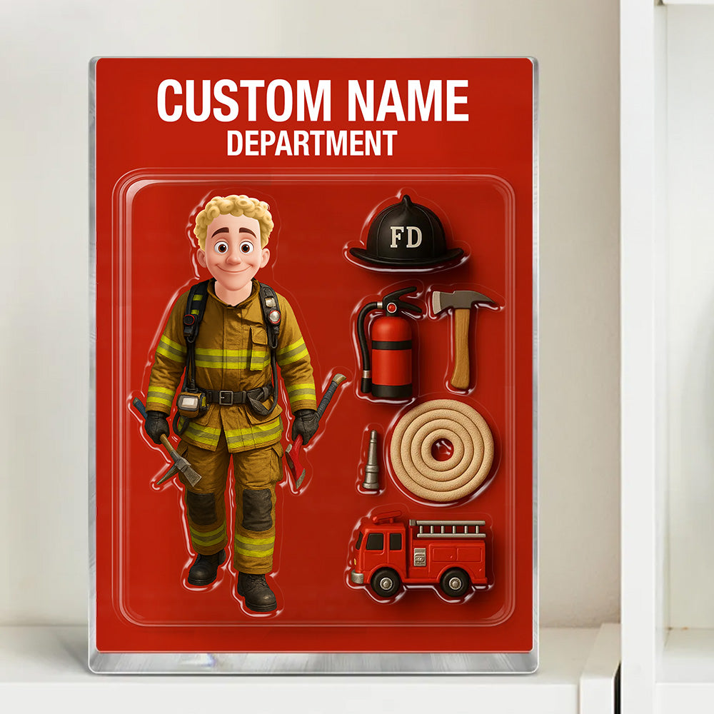 3D Effect Firefighter Custom Figure Personalized Flat Rectangle Acrylic Block, Unique Gift For Firefighters, Dad, Husband Pt99