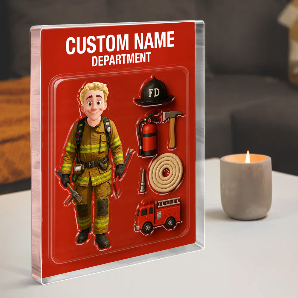 3D Effect Firefighter Custom Figure Personalized Flat Rectangle Acrylic Block, Unique Gift For Firefighters, Dad, Husband Pt99