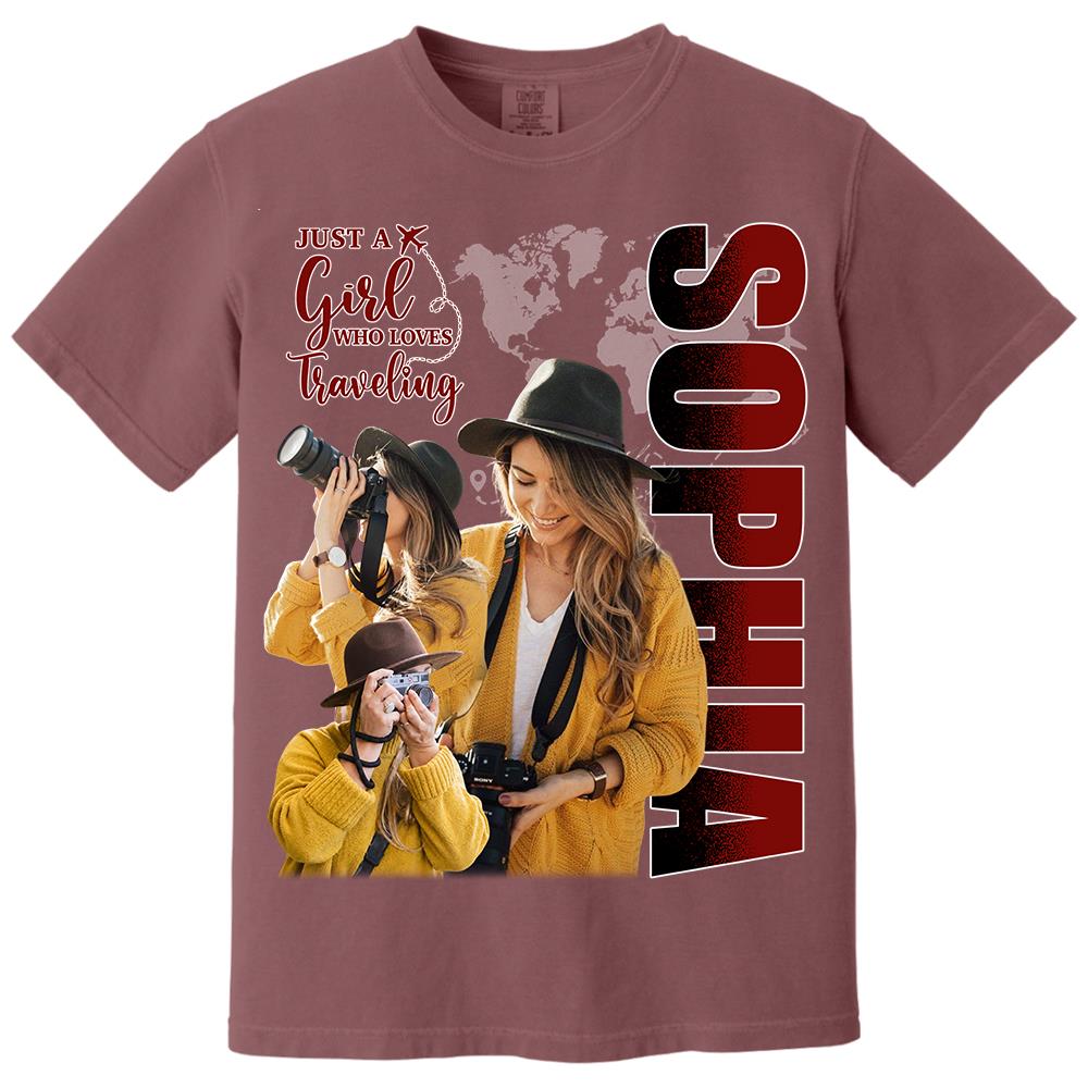 Just A Girl Who Loves Traveling – Custom Photo Vacation T-Shirt for Adventure Lovers Vr2 NA02 Hv01