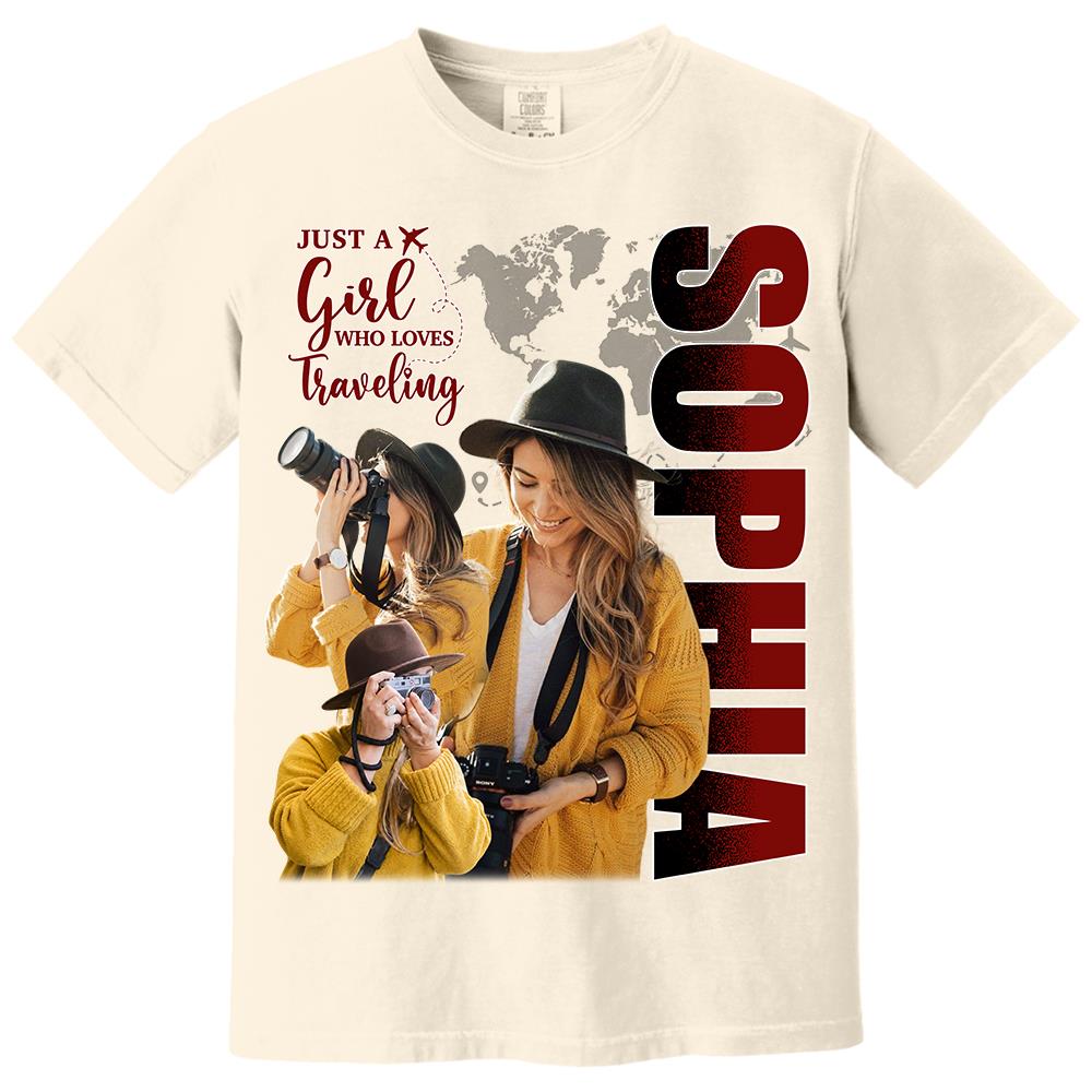 Just A Girl Who Loves Traveling – Custom Photo Vacation T-Shirt for Adventure Lovers Vr2 NA02 Hv01
