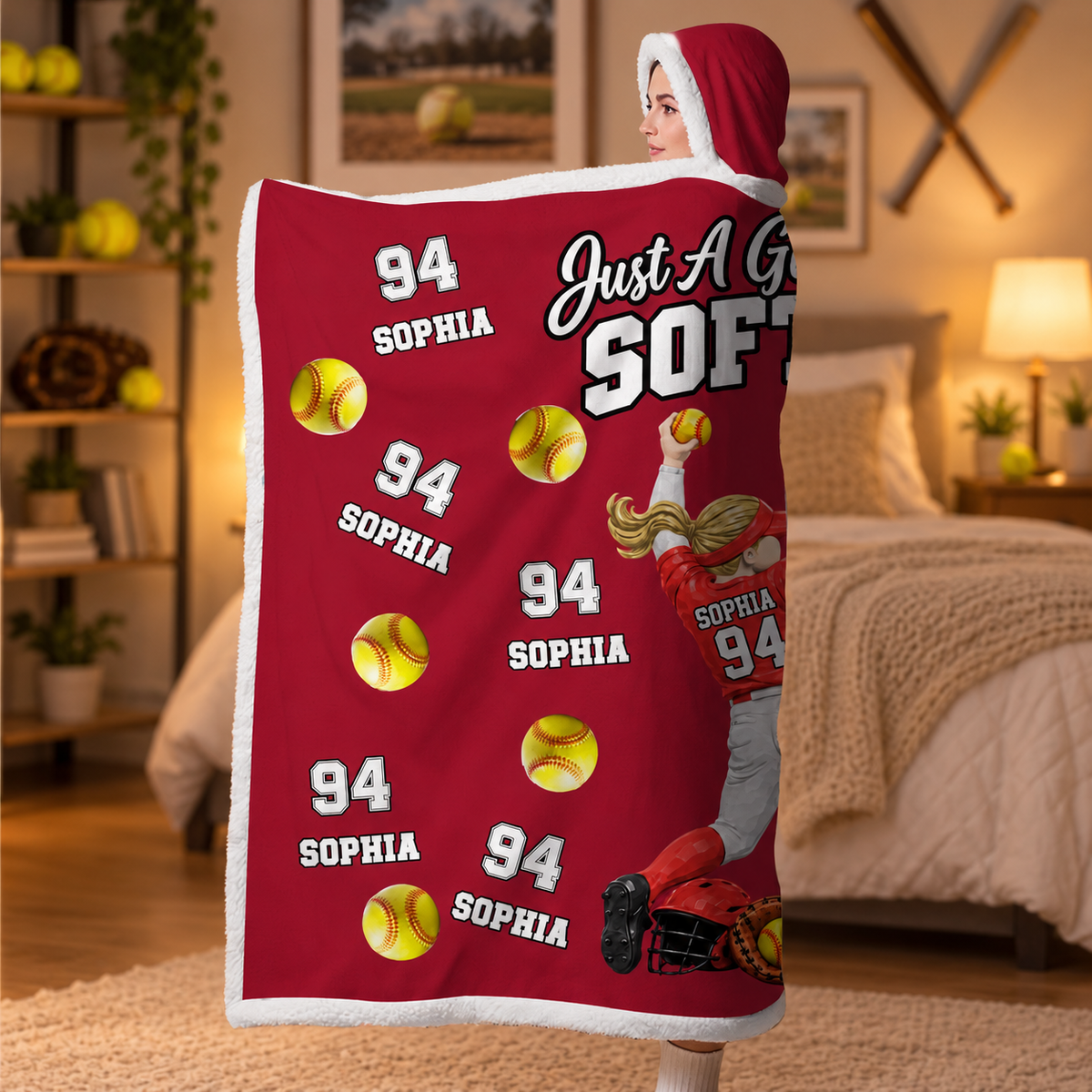 Just A Girl Who Loves Softball, Personalized Softball Wearable Blanket Hoodie For Softball Lovers, Softball Players MI209 T24 NT01