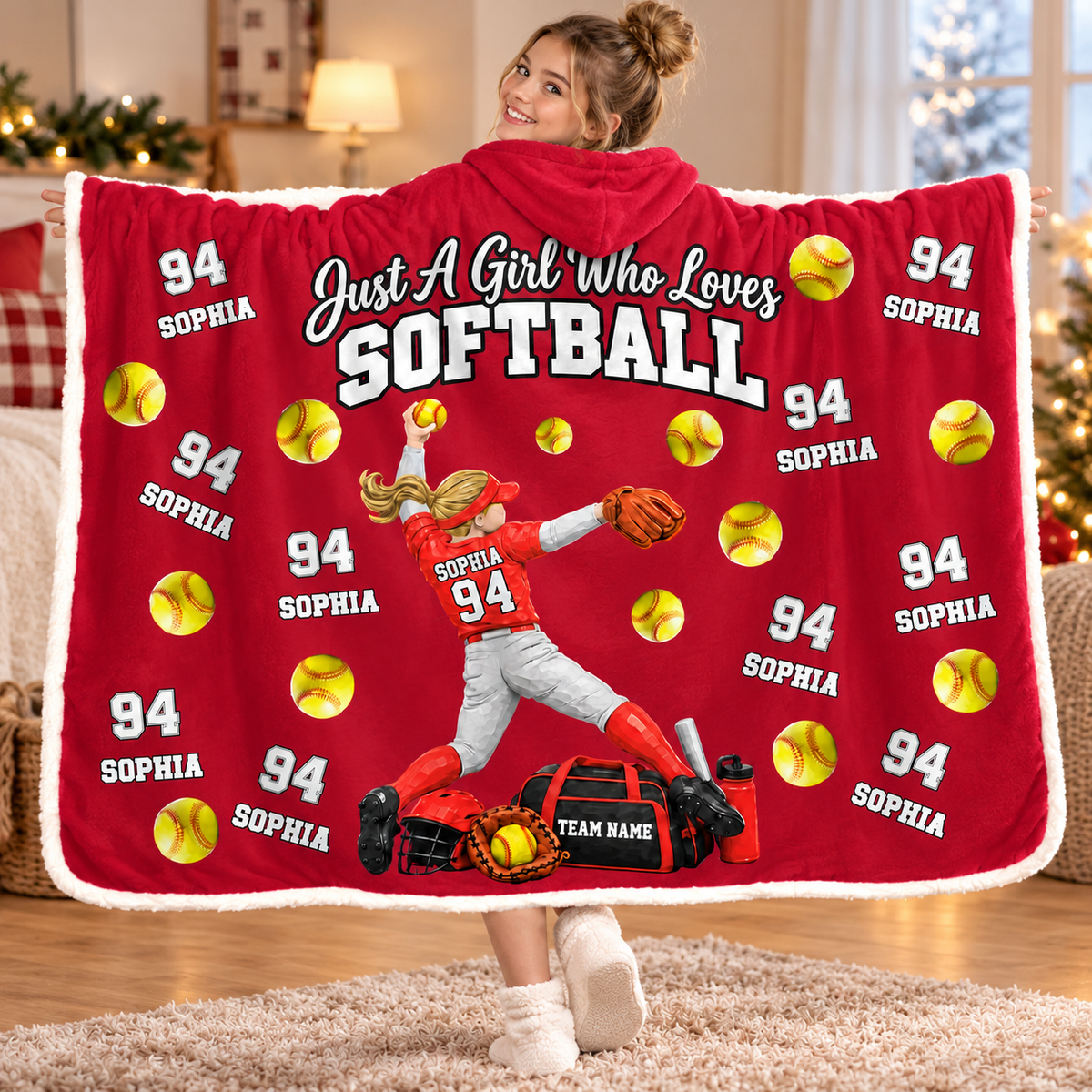 Just A Girl Who Loves Softball, Personalized Softball Wearable Blanket Hoodie For Softball Lovers, Softball Players MI209 T24 NT01