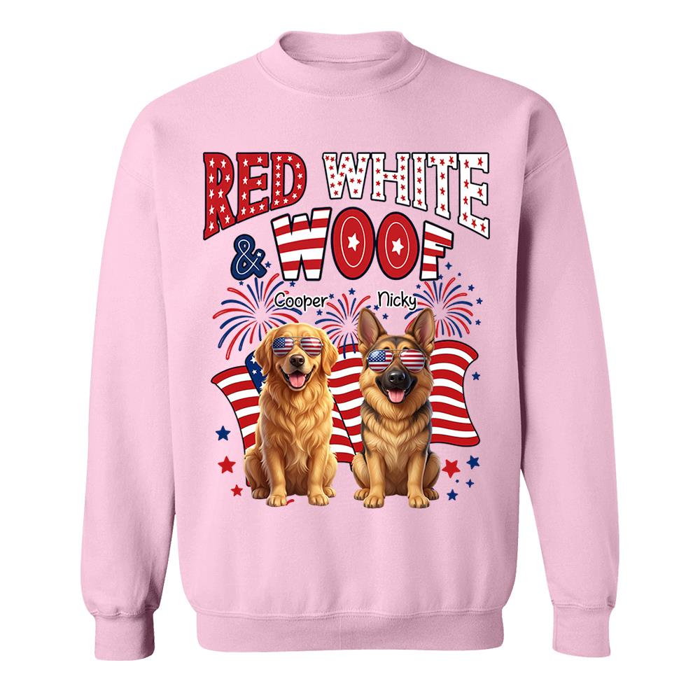 Red White Woof Personalized Shirt Patriotic American Flag Fireworks For Independence Day USA Custom Photo Dog Gift For Pet Lovers T1807 Nh00