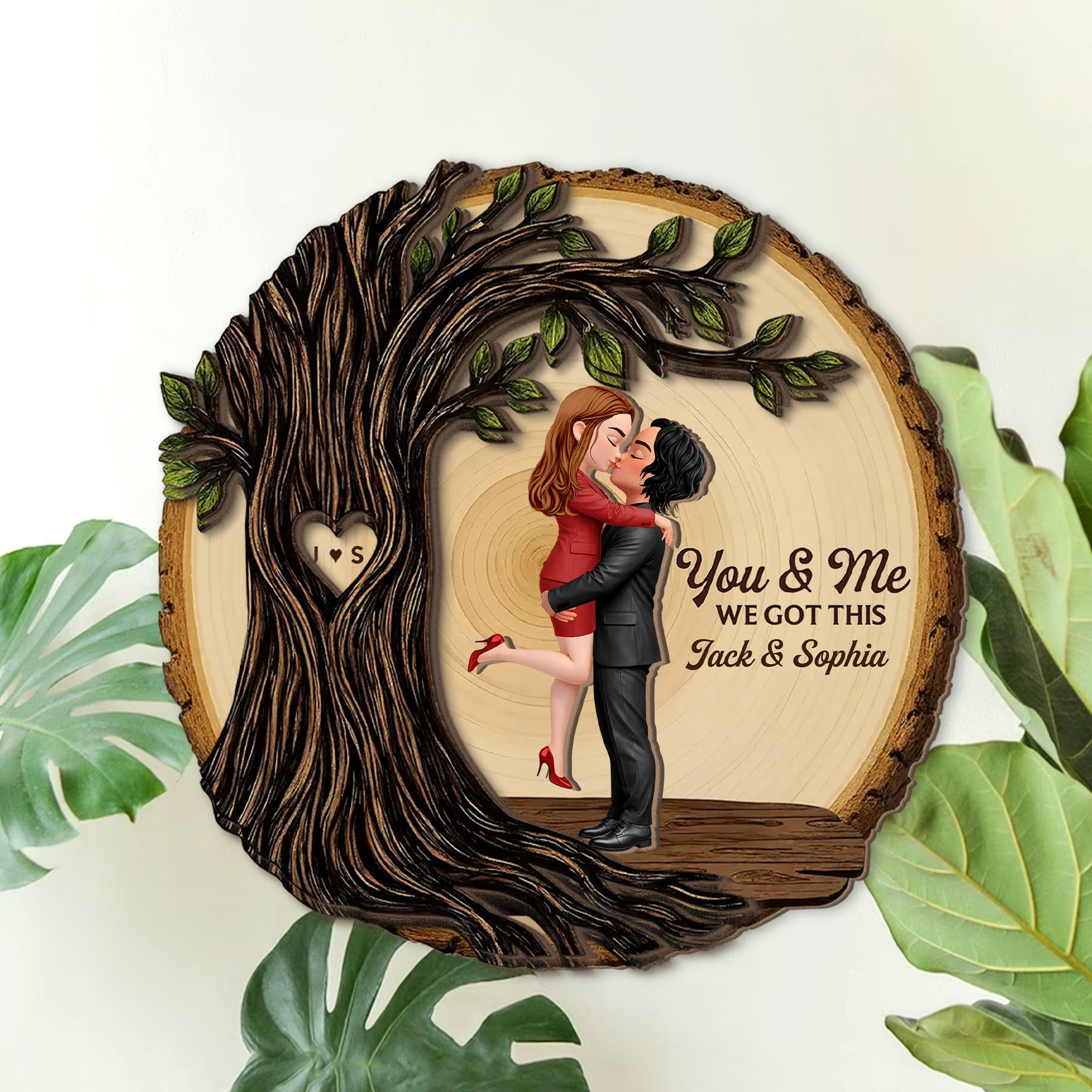 Couple Sitting Under Heart Carved Tree - Personalized 2-Layered Wooden Plaque - Valentine's Day Gift For Couple Na02 T24