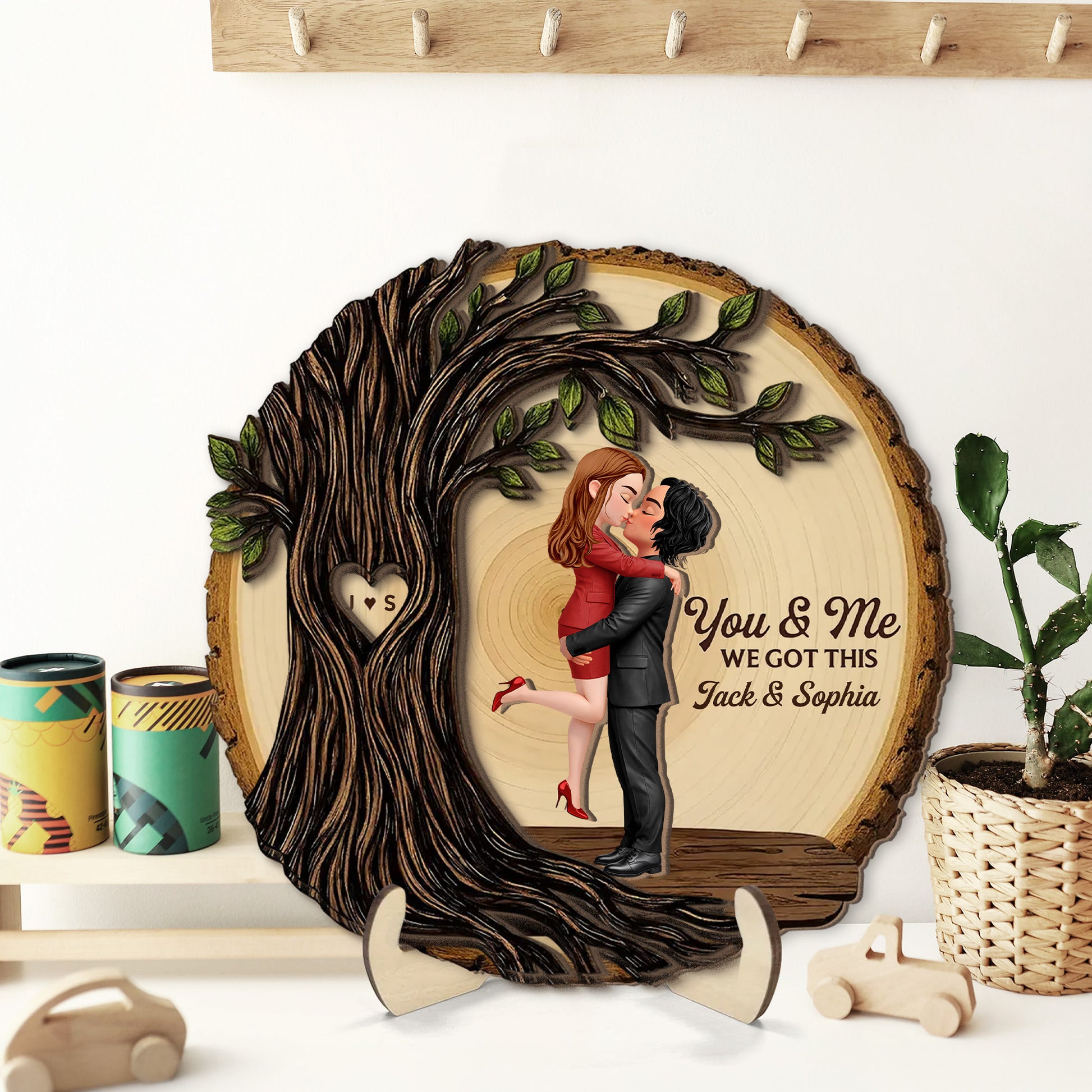 Couple Sitting Under Heart Carved Tree - Personalized 2-Layered Wooden Plaque - Valentine's Day Gift For Couple Na02 T24
