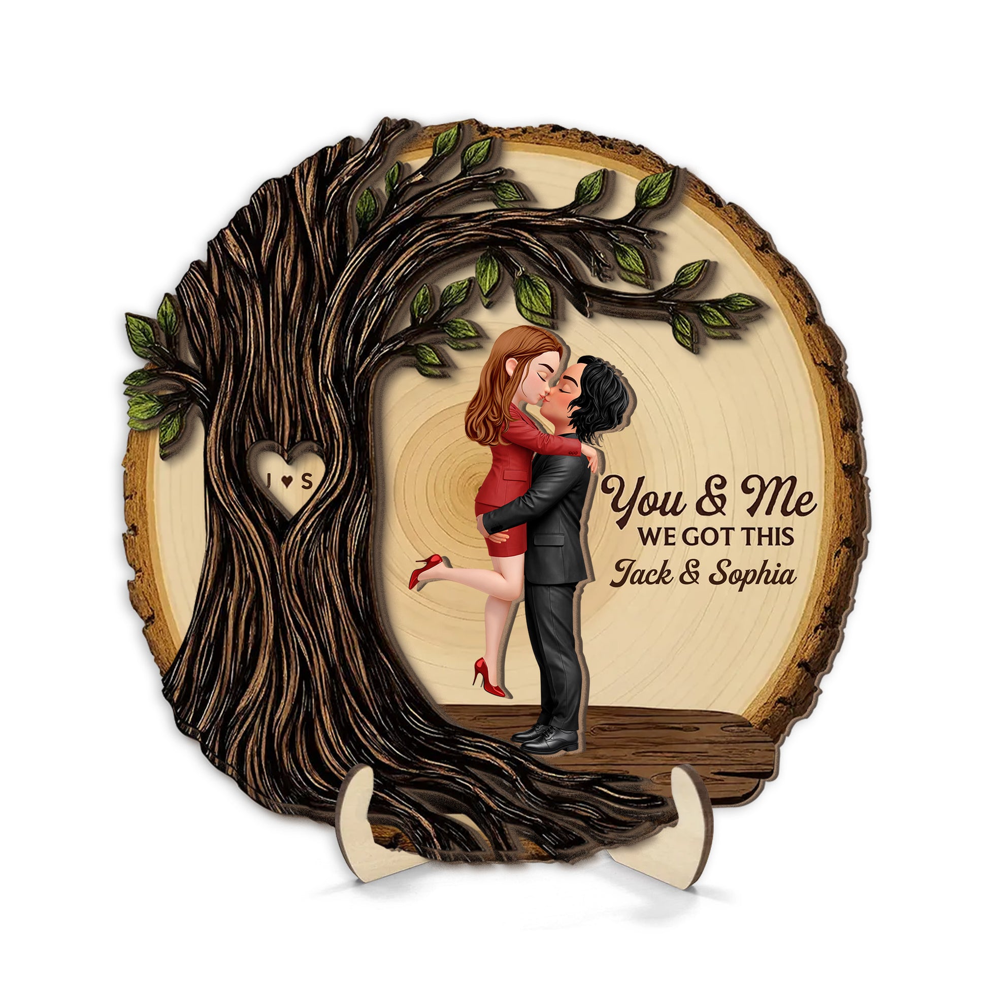 Couple Sitting Under Heart Carved Tree - Personalized 2-Layered Wooden Plaque - Valentine's Day Gift For Couple Na02 T24