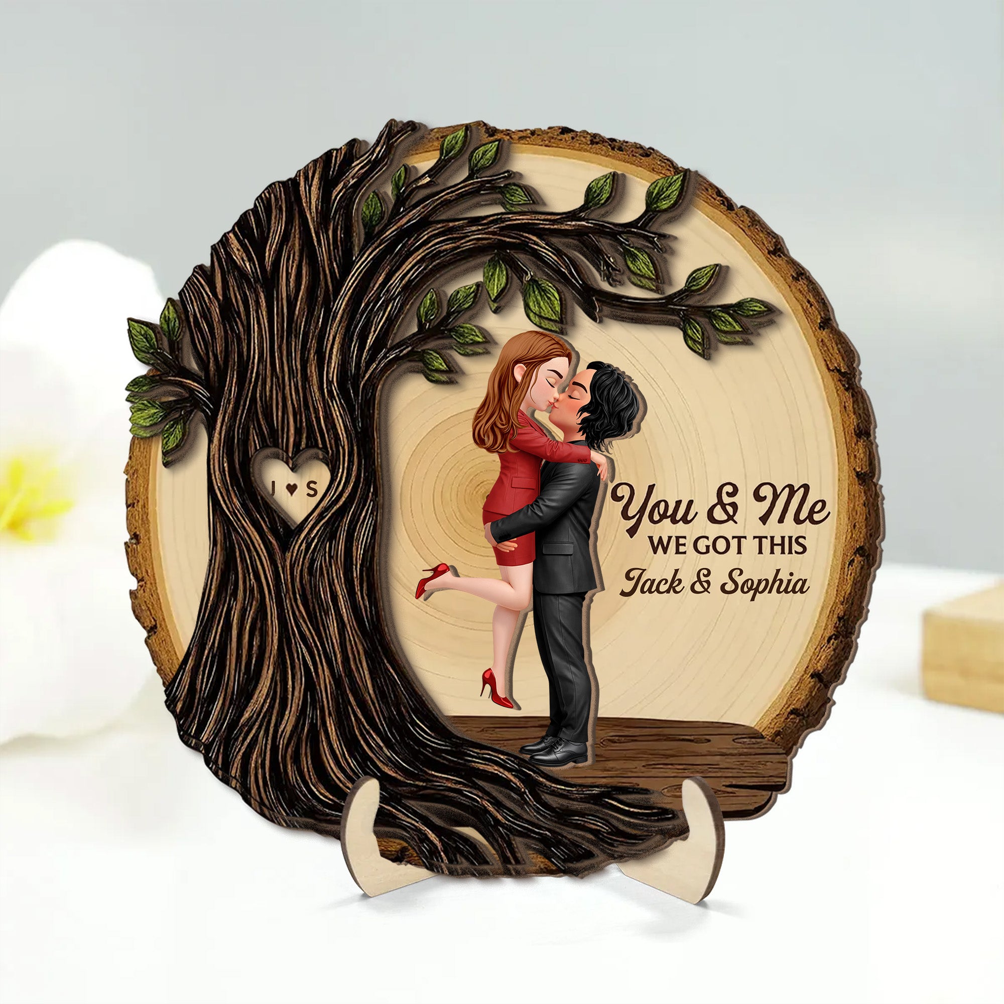 Couple Sitting Under Heart Carved Tree - Personalized 2-Layered Wooden Plaque - Valentine's Day Gift For Couple Na02 T24