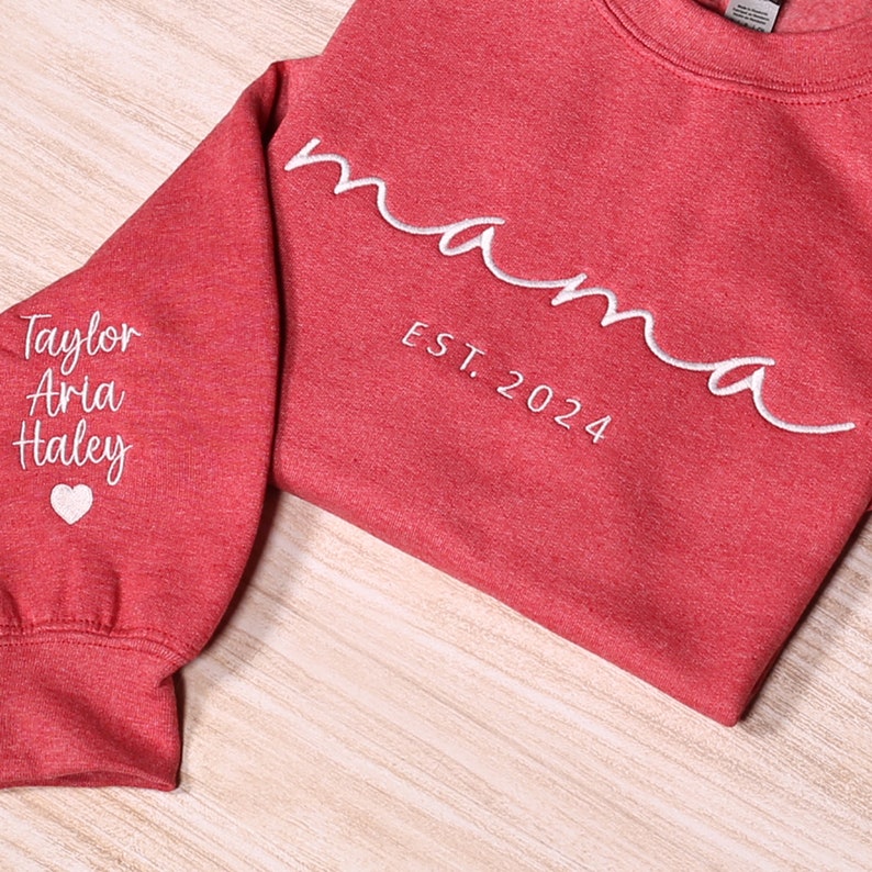 Custom Mama Embroidered Sweatshirt, Personalized Mom Sweatshirt With Kids Names Sleeve, Pregnancy Reveal Outfit, Birthday Gift, Mothers Day Gift
