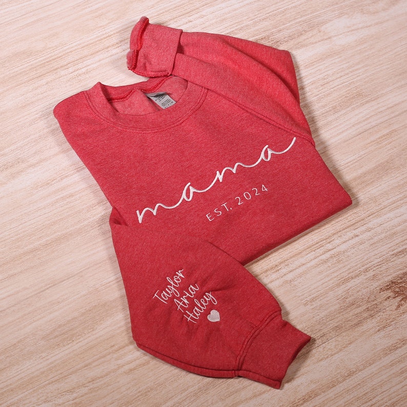 Custom Mama Embroidered Sweatshirt, Personalized Mom Sweatshirt With Kids Names Sleeve, Pregnancy Reveal Outfit, Birthday Gift, Mothers Day Gift
