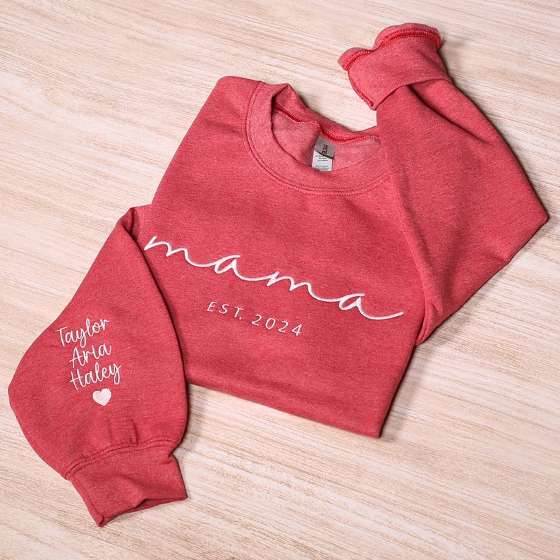 Custom Mama Embroidered Sweatshirt, Personalized Mom Sweatshirt With Kids Names Sleeve, Pregnancy Reveal Outfit, Birthday Gift, Mothers Day Gift