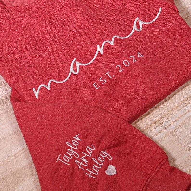 Custom Mama Embroidered Sweatshirt, Personalized Mom Sweatshirt With Kids Names Sleeve, Pregnancy Reveal Outfit, Birthday Gift, Mothers Day Gift