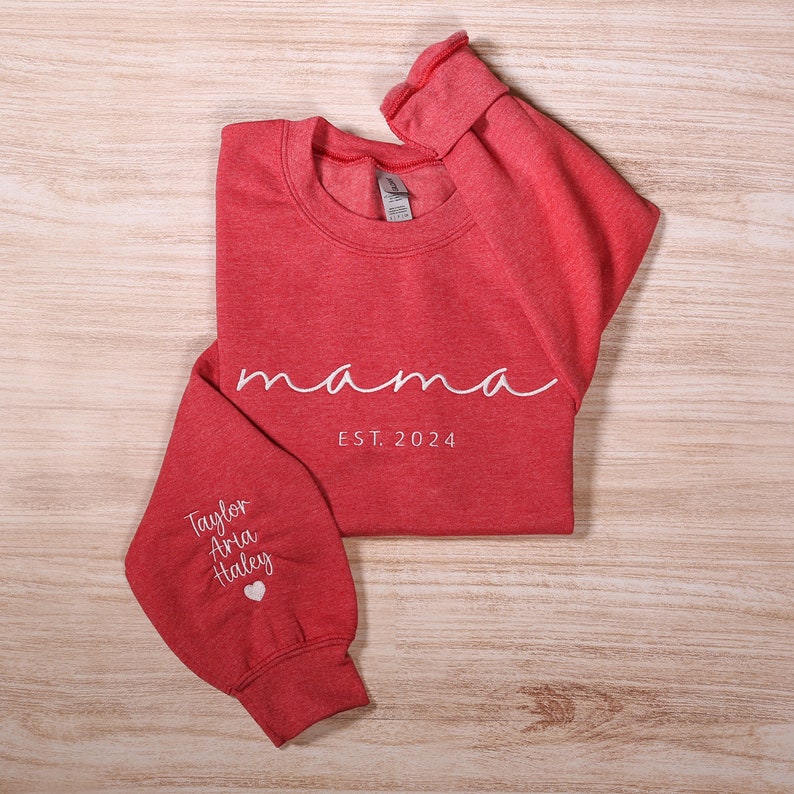 Custom Mama Embroidered Sweatshirt, Personalized Mom Sweatshirt With Kids Names Sleeve, Pregnancy Reveal Outfit, Birthday Gift, Mothers Day Gift