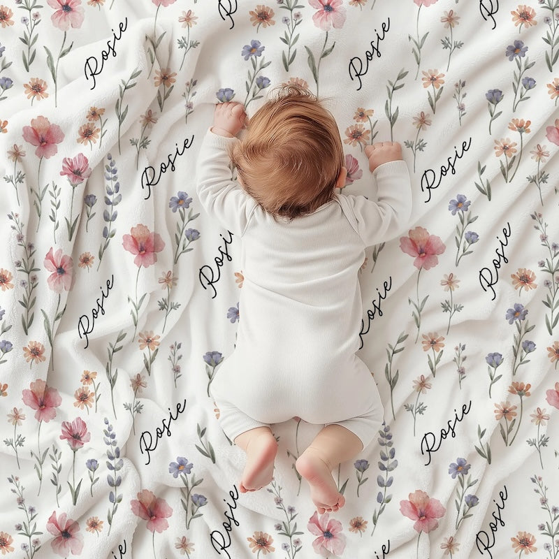Personalized Wildflower Baby Blanket, Custom Baby Name Blanket, Newborn Girl Nursery Decor, Newborn Swaddle, Hospital Blanket, Gift for Baby
