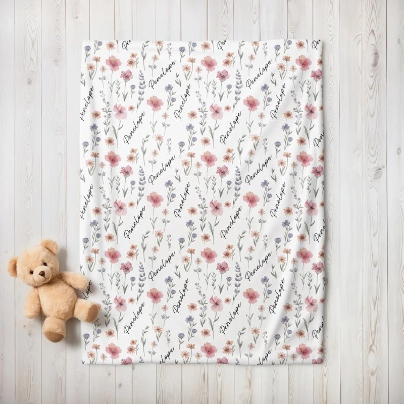 Personalized Wildflower Baby Blanket, Custom Baby Name Blanket, Newborn Girl Nursery Decor, Newborn Swaddle, Hospital Blanket, Gift for Baby