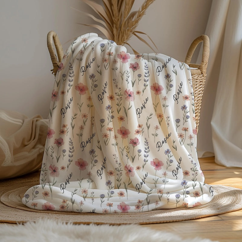 Personalized Wildflower Baby Blanket, Custom Baby Name Blanket, Newborn Girl Nursery Decor, Newborn Swaddle, Hospital Blanket, Gift for Baby