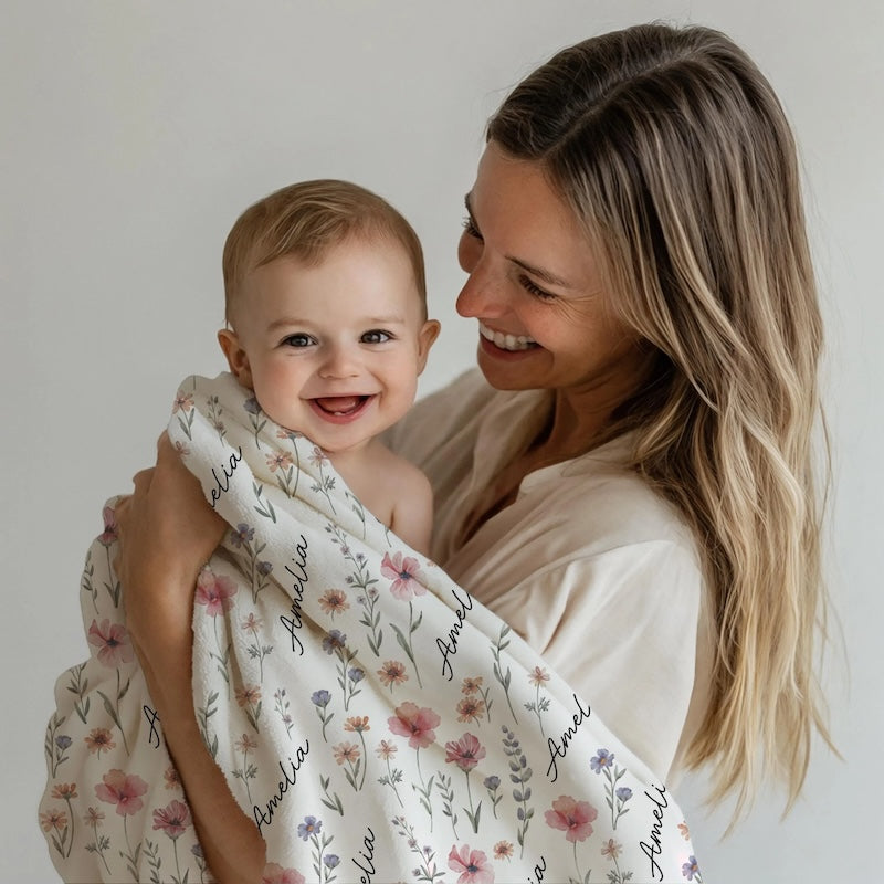 Personalized Wildflower Baby Blanket, Custom Baby Name Blanket, Newborn Girl Nursery Decor, Newborn Swaddle, Hospital Blanket, Gift for Baby